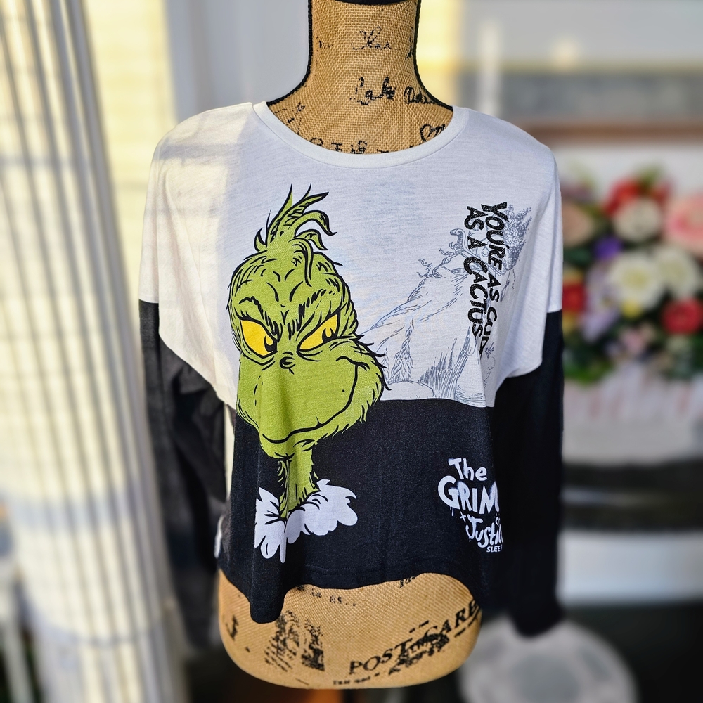 Justice Girl's Long Sleeve Black and White Tee with Grinch Graphic